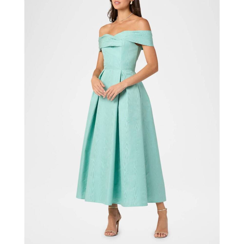 NEW SHOSHANNA june pleated off-shoulder midi dress in sea blue